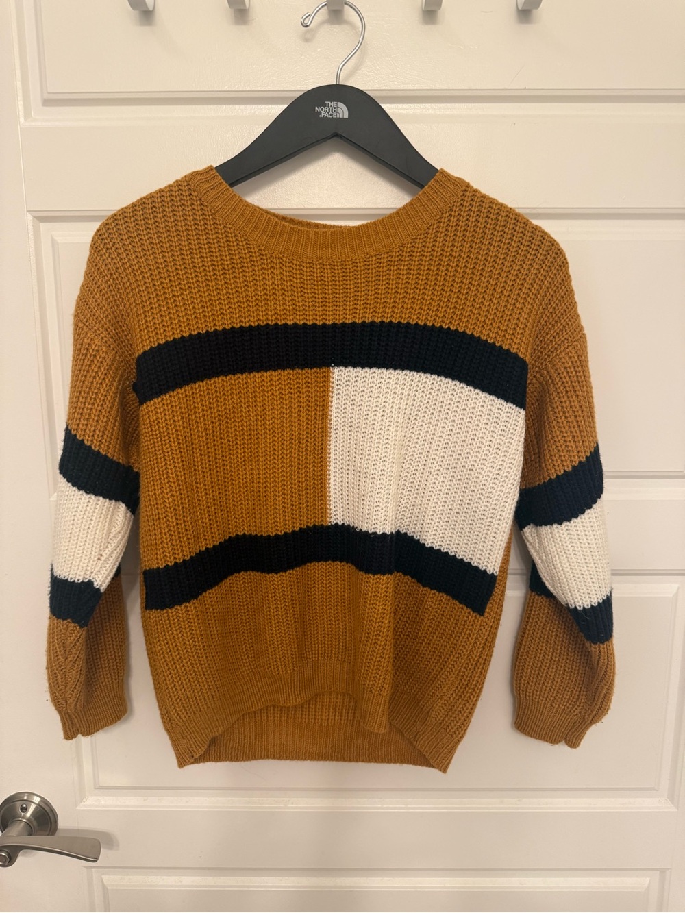 Tommy Hilfiger Mustard Colorblock Crewneck Sweater with Black and Cream Stripes